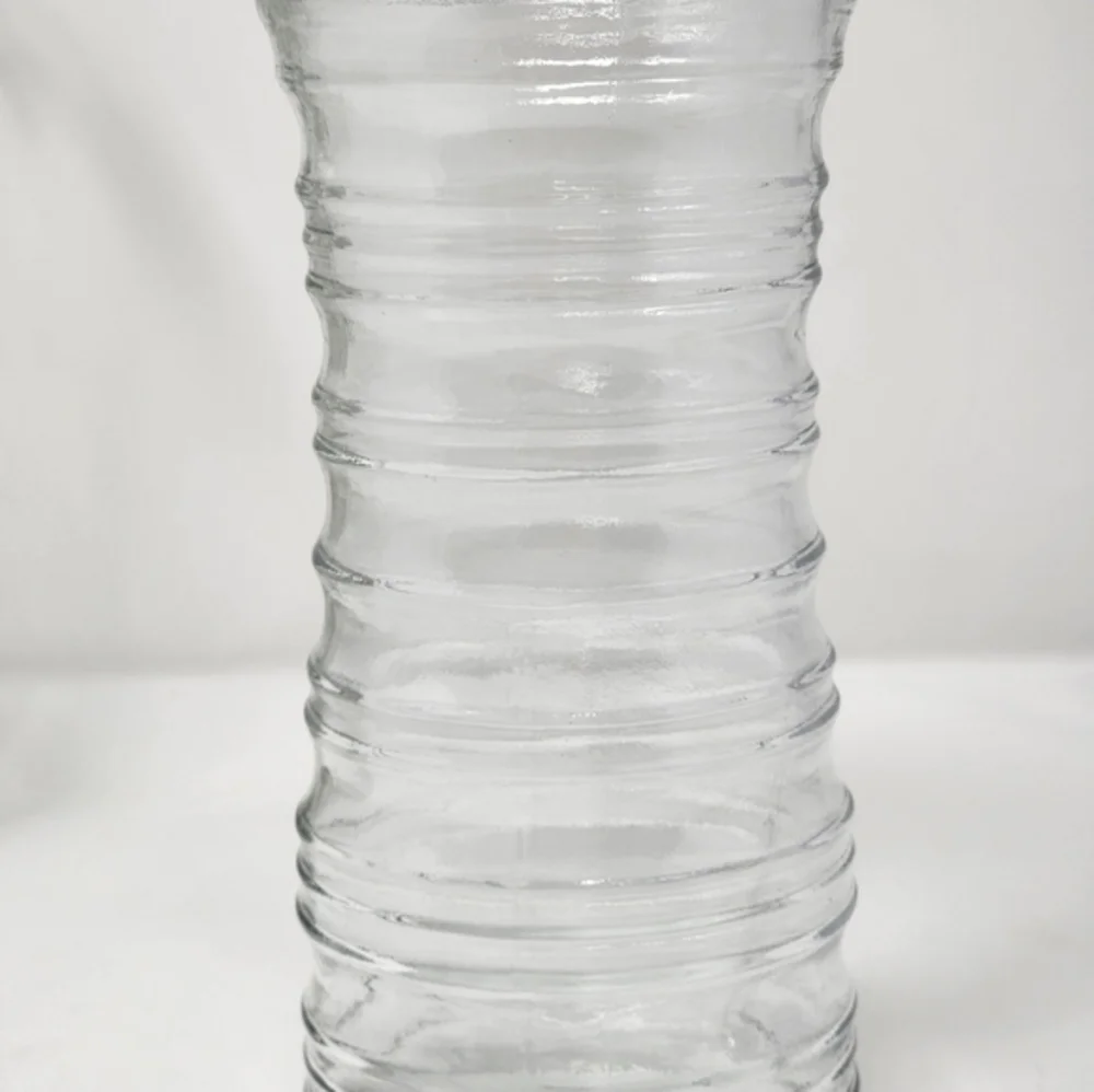 Vintage Tall Clear Glass Vase With Finger Holds Tapered Waist Concentric Circles